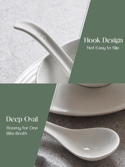 DOWAN Ceramic Soup Spoons - Large White Japanese Spoons for Ramen & Pho | Set of 4 with Deep Oval Hook Design