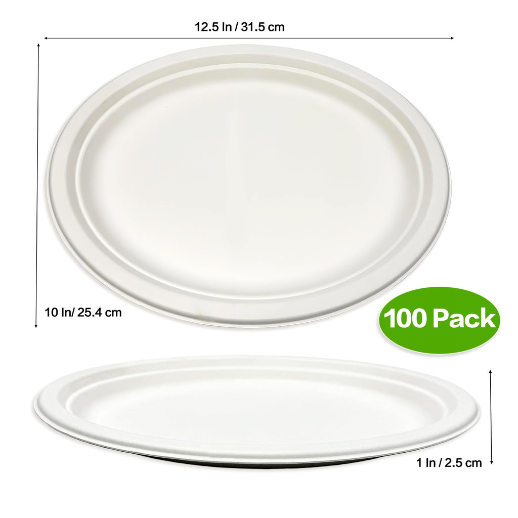 Nexboraque 100 Pack Compostable Oval Paper Plates, 12.5 Inch Disposable Heavy Duty Bagasse Platters White Dinner Plates for Restaurant, Parties, Home, BBQ, Picnic, Christmas