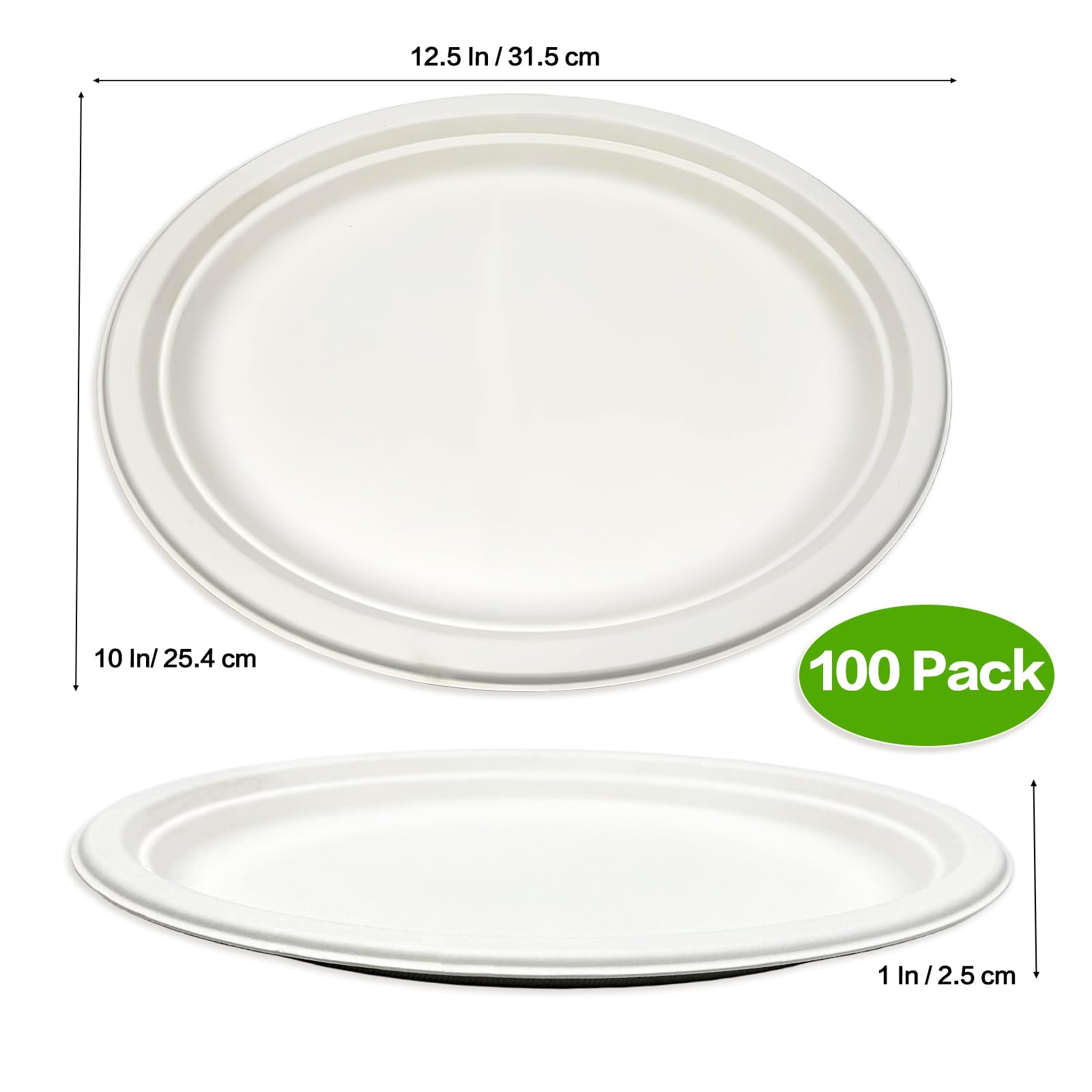 Nexboraque 100 Pack Compostable Oval Paper Plates, 12.5 Inch Disposable Heavy Duty Bagasse Platters White Dinner Plates for Restaurant, Parties, Home, BBQ, Picnic, Christmas