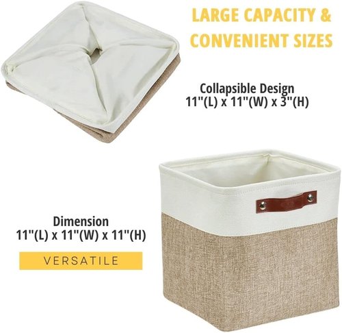 DECOMOMO Storage Cubes - 11x11 Cube Storage Bins for Shelves | Beige & White, 4 Pack