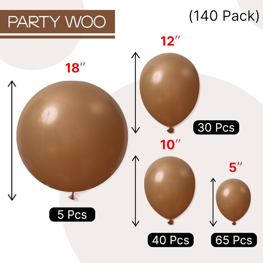 PartyWoo Brown Balloons - 140-Piece Arch Kit for Baby Showers & Birthdays | Various Sizes 5-18 Inches