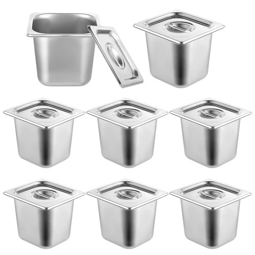 8 Pack Hotel Pans 1/6 Size with Lid, 6 inch Deep Stainless Steel Steam Table Pan, Anti Jam Steam Pan Metal Food Pans for Restaurant Cafeteria Party Catering