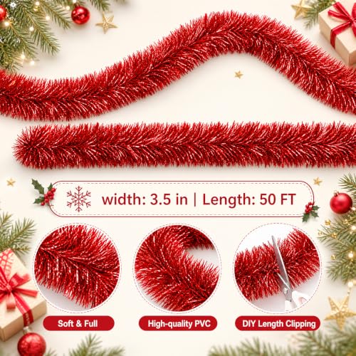 50FT Red Christmas Tinsel Garland Thick Metallic Twist Tree Decoration - Variation of THIS listing