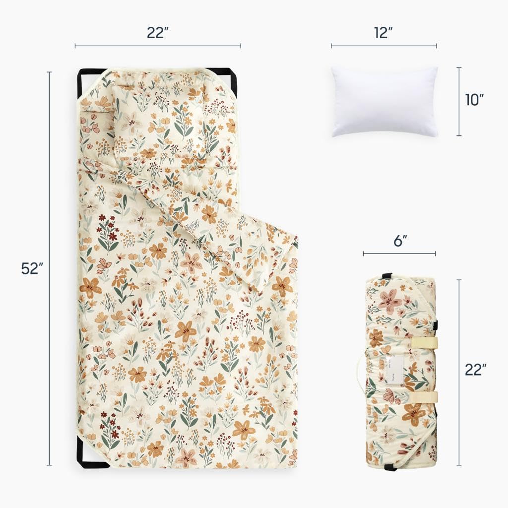 Wake In Cloud - Cot Nap Mat with Pillow and Blanket, for Toddler Kids Girls Ages 3 Plus in Daycare Kindergarten Preschool with Elastic Corner Straps, Floral Botanical Flowers, Orange Cream