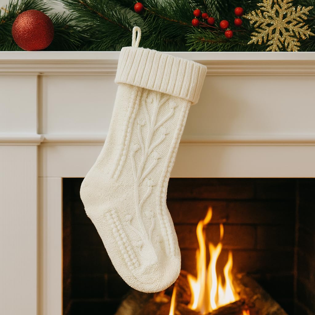 PUKUPIG 18 Inch White Christmas Stocking, Extra Large Cable Knit Holder, Xmas Stocking for Fireplace, Mantel, Festival Party or Wall Hanging