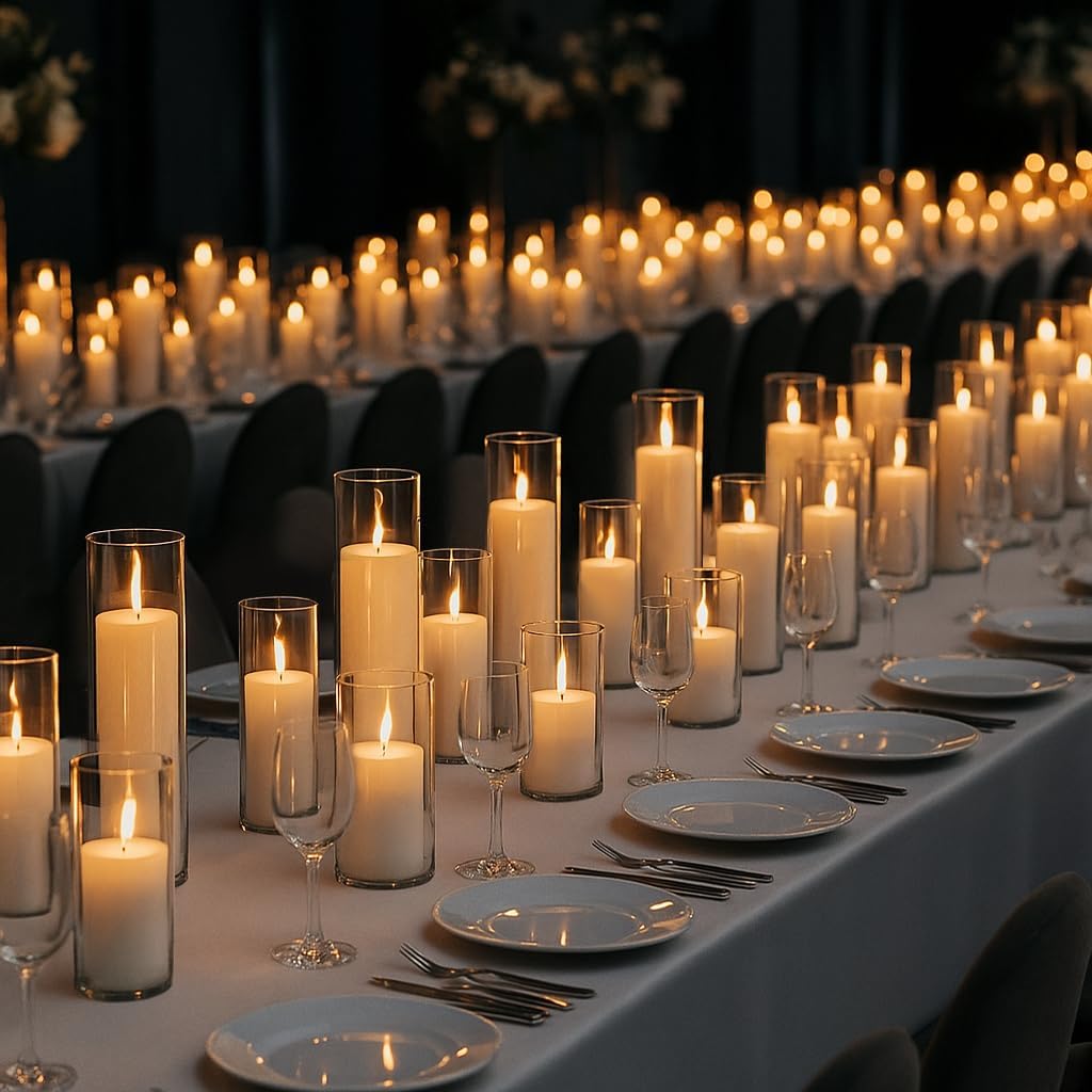 Set of 6 White Pillar Candles by [Brand Name] - Elegant Glass Hurricane Holders for Weddings & Home Decor