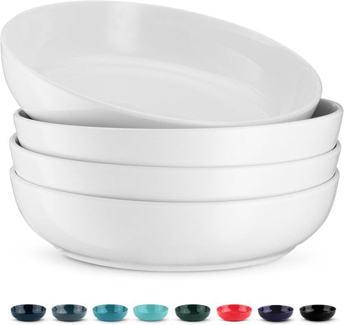KooK Ceramic Pasta & Salad Bowls - Large Capacity, Microwave & Dishwasher Safe, Set of 4 | 40 Oz, White