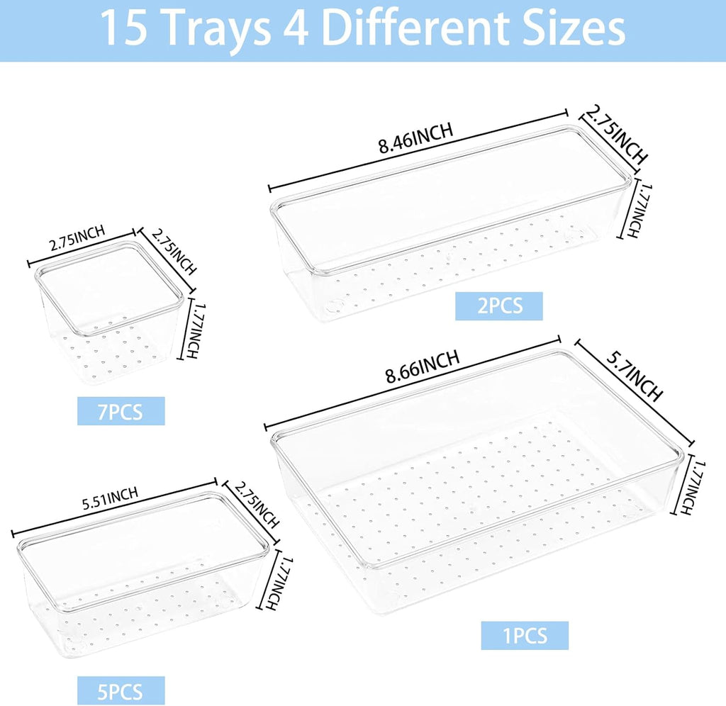 Manalete Drawer Organizers - Set of 15 Clear Plastic Storage Bins for Kitchen, Bathroom & Office