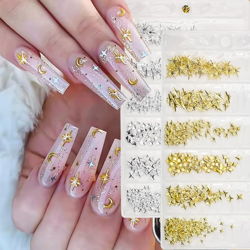 Star Nail Charms 400 PCS Gold and Silver Metallic 3D Nail Art Studs