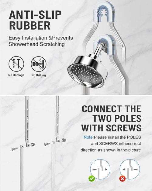 MSAICOE Adjustable Shower Caddy Hanging for Handheld Showerheads - Upgraded Never Rust Shower Hanging Organizer, Bathroom Shower Rack with Soap Basket, Hooks and Toothbrush Holder (Shiny Silver)