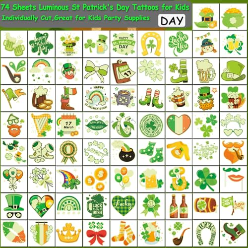 CHARLENT Glow in the Dark St. Patrick's Day Temporary Tattoos for Kids