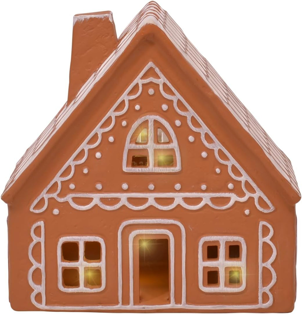 Mark Feldstein & Associates Ceramic Iced Gingerbread Houses - Pre-Lit LED Holiday Village Figurines, Set of 2, 9 Inch
