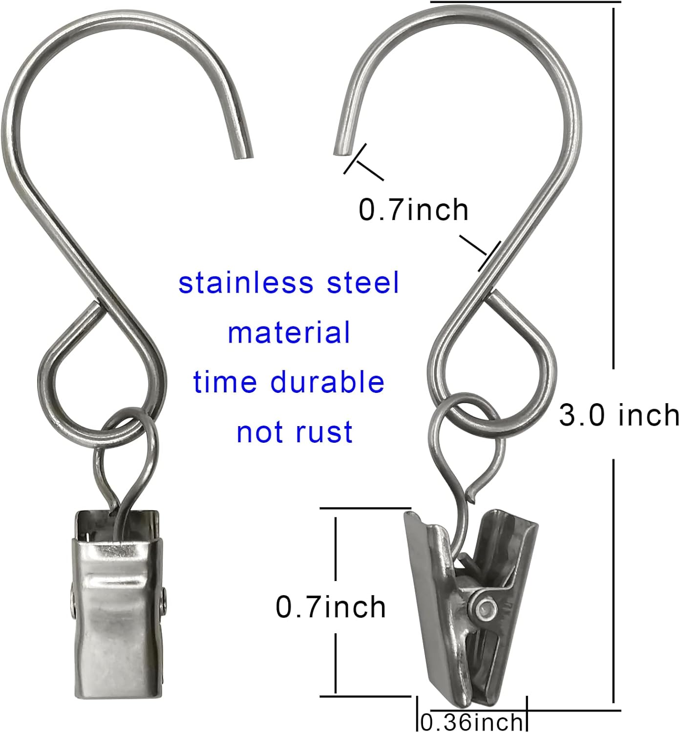 Stainless Steel S Hooks - 50 Pack Curtain Clips for Hanging Party Lights & Art Displays | 3 Inch, Silver