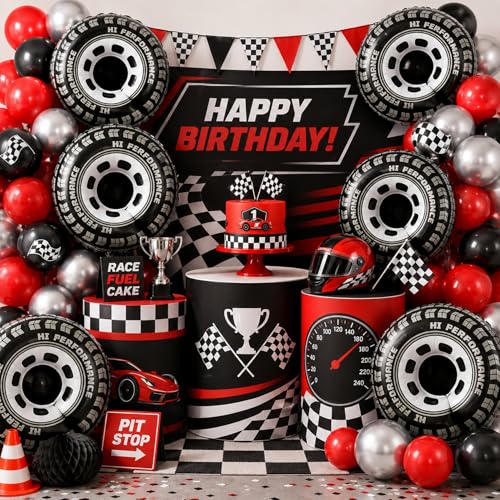30-Inch Race Car Tire Balloons - 6 Pack Checkered Foil Wheel Decorations