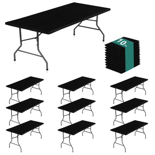 LUSHVIDA 10 Packs Vinyl Tablecloths with Flannel Backing for 8ft Rectangle Folding Table Cloths - Waterproof Plastic Picnic Table Covers with Elastic Corners, 30x96 inch, Black