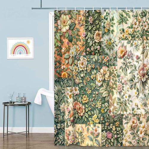 JAWO Floral Shower Curtain, Yellow Botanical Bathroom Decor 69x70 Inch