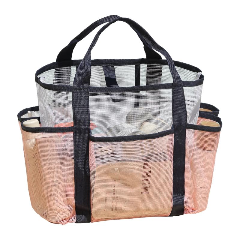 Portable Pink Mesh Shower Caddy Bag with 8 Pockets for Travel