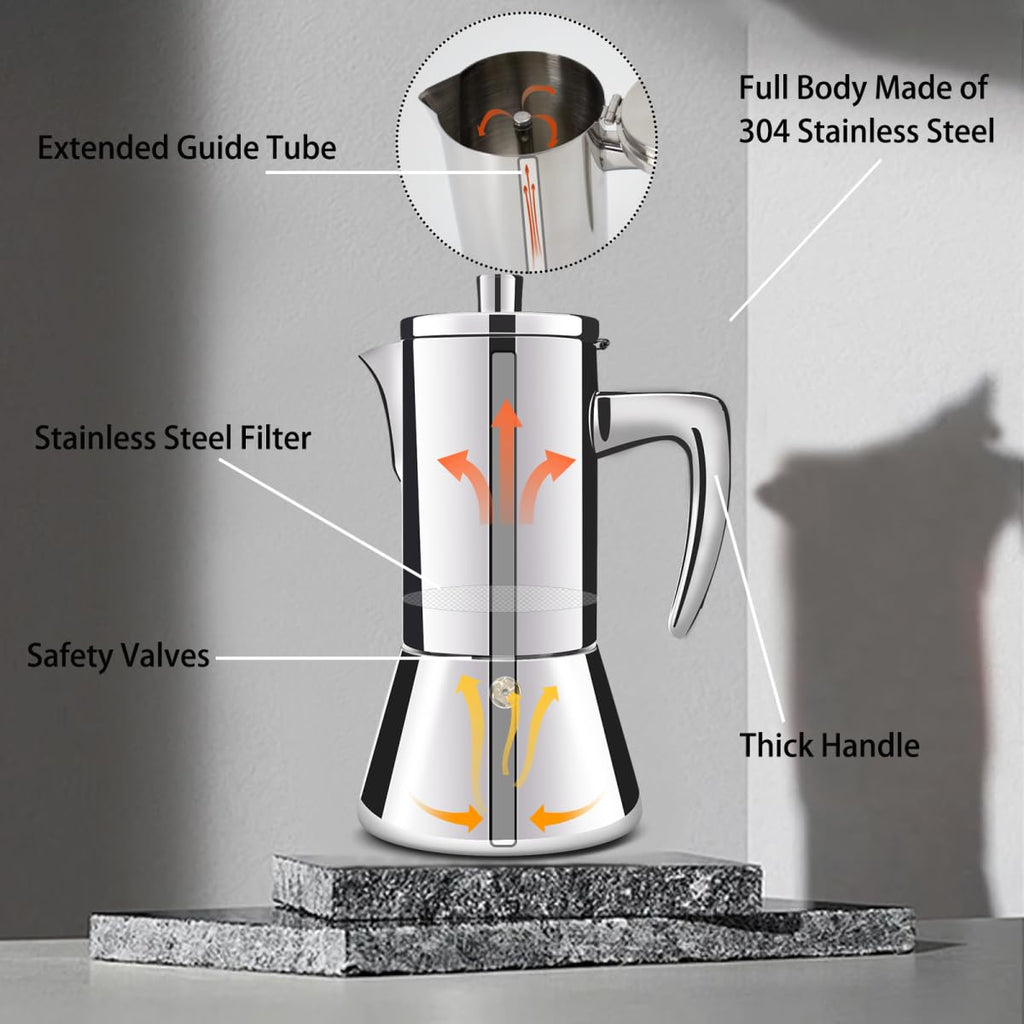 DITOSH 4 Cup Thickened 304 Stainless Steel Moka Pot Stovetop Espresso Maker Cafeteras Italian Percolator Espress Makers Capable Greca Mocha Coffee Machine for Induction Home and Camping 200ml 6.6oz