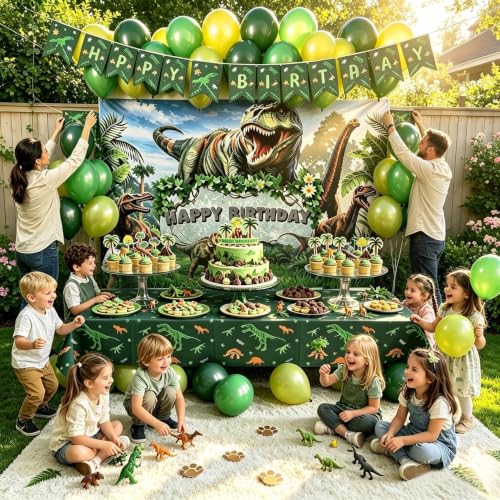 Dinosaur Birthday Party Decorations Kit for Kids with Backdrop, Balloons, Banner, Cake Toppers & Tattoos