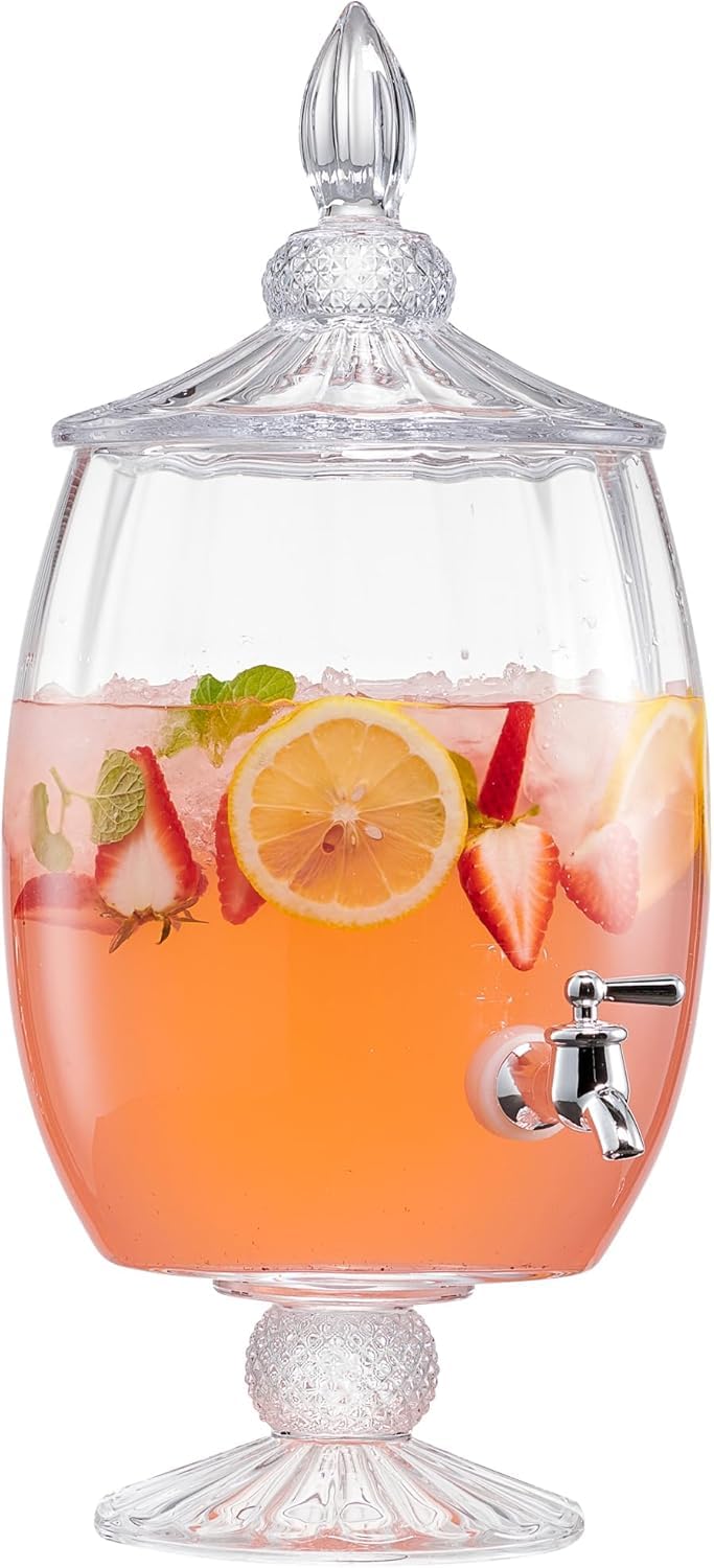 Fifth Avenue Crystal Madison Optic Beverage Cold Drink Dispenser w 1.7-Gallon Capacity Glass Jug, Leak Proof Acrylic Spigot for Parties, Weddings,& More, 8.5x18