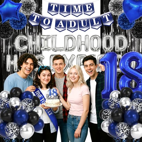 Blue Black 18th Birthday Party Decorations Kit with Balloon Banner & Sash