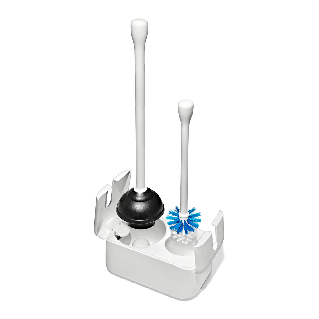 OXO Good Grips Toilet Brush & Plunger Set | Two Bathroom Essentials in one Space-Saving Canister | Toilet Bowl Cleaner and Plunger with Holder, Perfect for Small bathrooms