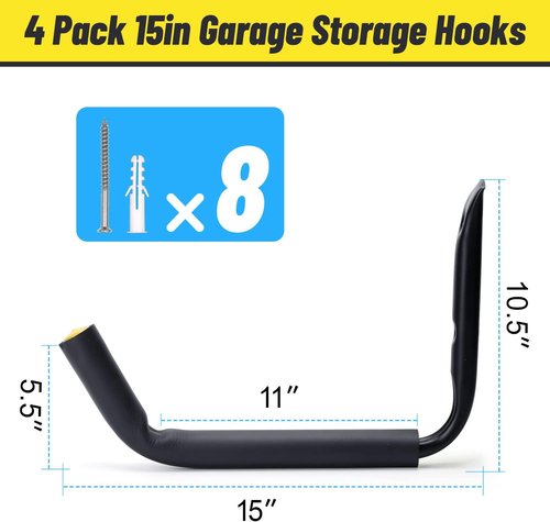 GEEDAR Heavy Duty Garage Storage Hooks - 15" Thickened Steel | 120 LB Capacity, 4-Pack for Kayaks, Ladders, Bikes