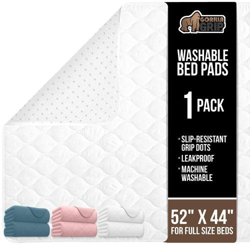 GORILLA GRIP Washable Underpads, Waterproof Reusable Heavy Absorbency Incontinence Bed Pads, Leak Proof Toddler Mattress Pad, 52x44 Slip Resistant Protector for Bedwetting, Adults and Kids, White