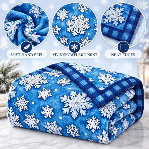 Snowflake Throw Blanket 60x80in Winter Christmas Blanket - Blue & White, Festive Holiday Decor
