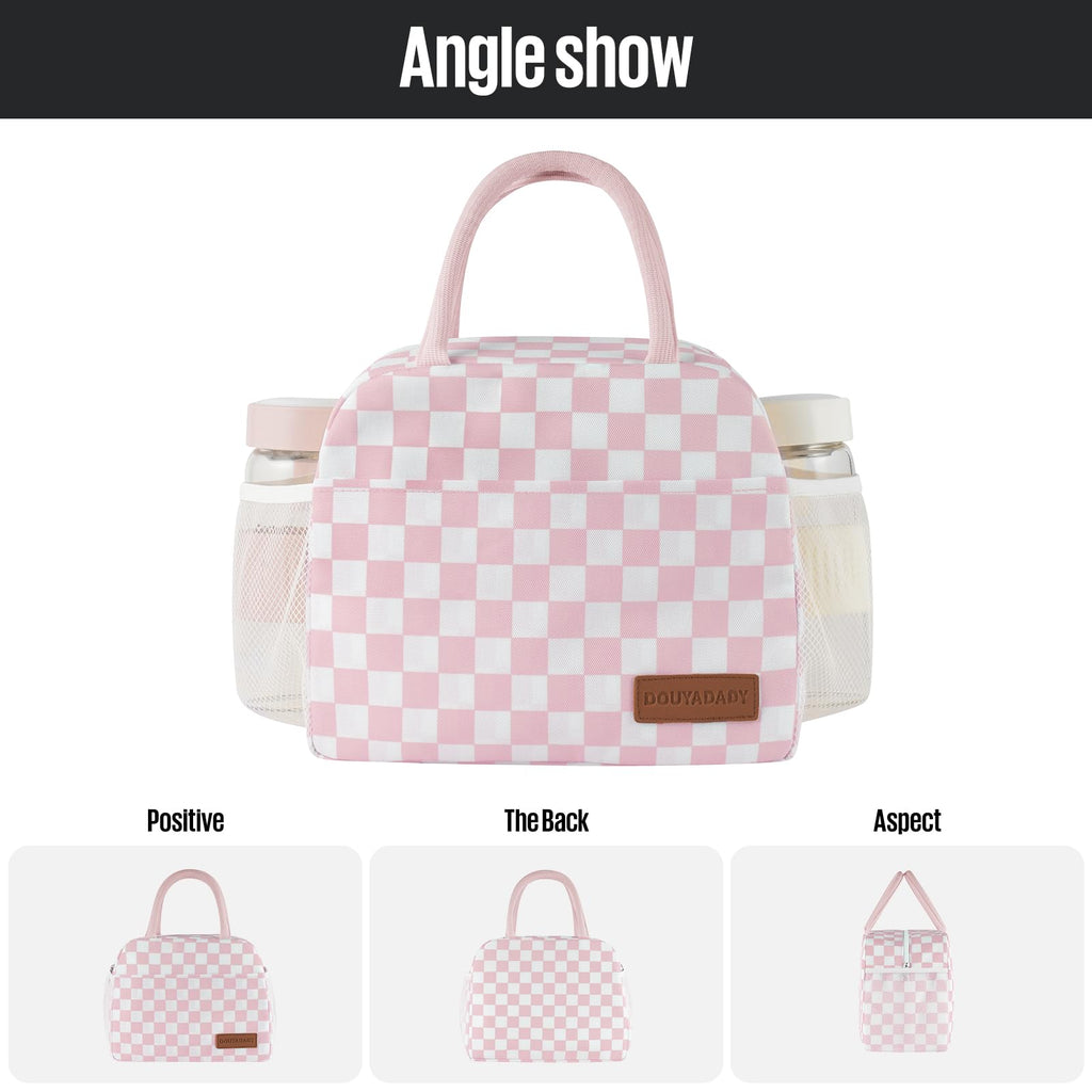 douyadady Lunch Bag Women/Men Lunch Box Women/Men (Pink+White Checkerboard)