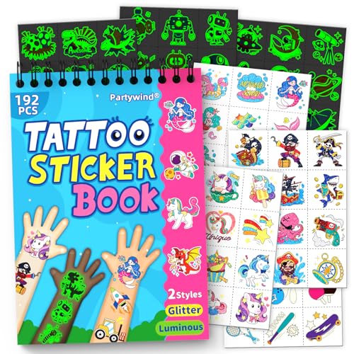 Partywind Glow & Glitter Temporary Tattoos Book for Kids - 192 Styles