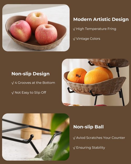KOKUNKA 3 Tier Fruit Bowl for Kitchen Counter, Ceramic Fruit Basket with Metal Stand Tiered Fruit Display Set for Fruit, Vegetable, Cake, Dessert, Nuts, Snack, Brown