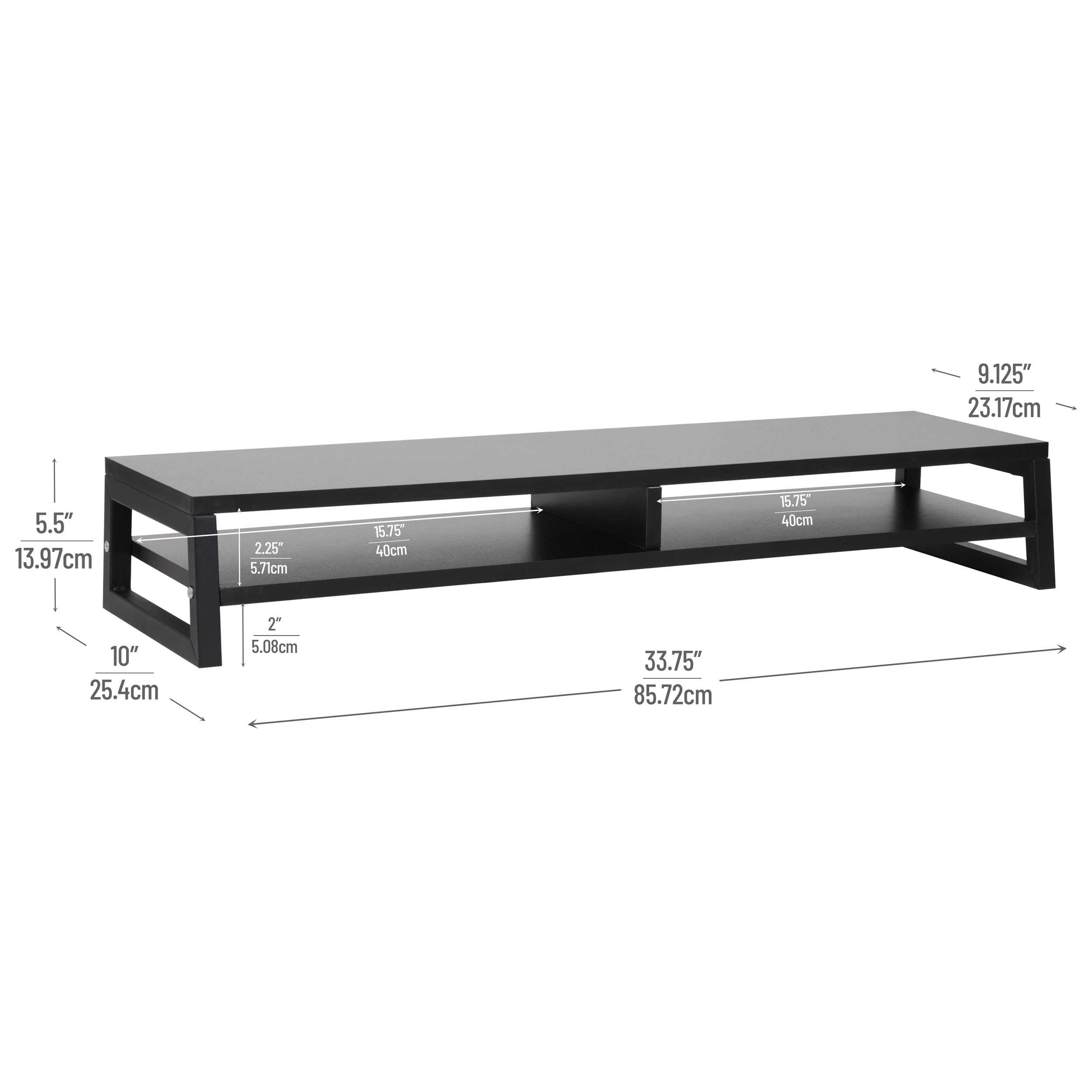 Mind Reader 2-Tier MDF Double Monitor Stand, Dual Screen Riser with Storage Shelf, 33.75 Inch Wide, 88 lb Capacity, Black