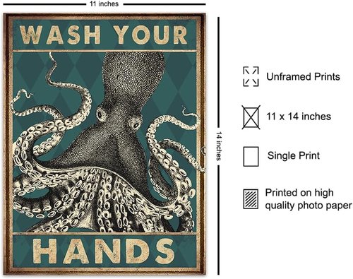 Coastal Nautical Bathroom Wall Art | Beach Octopus Decor - Funny Wash Your Hands Sign - 11x14