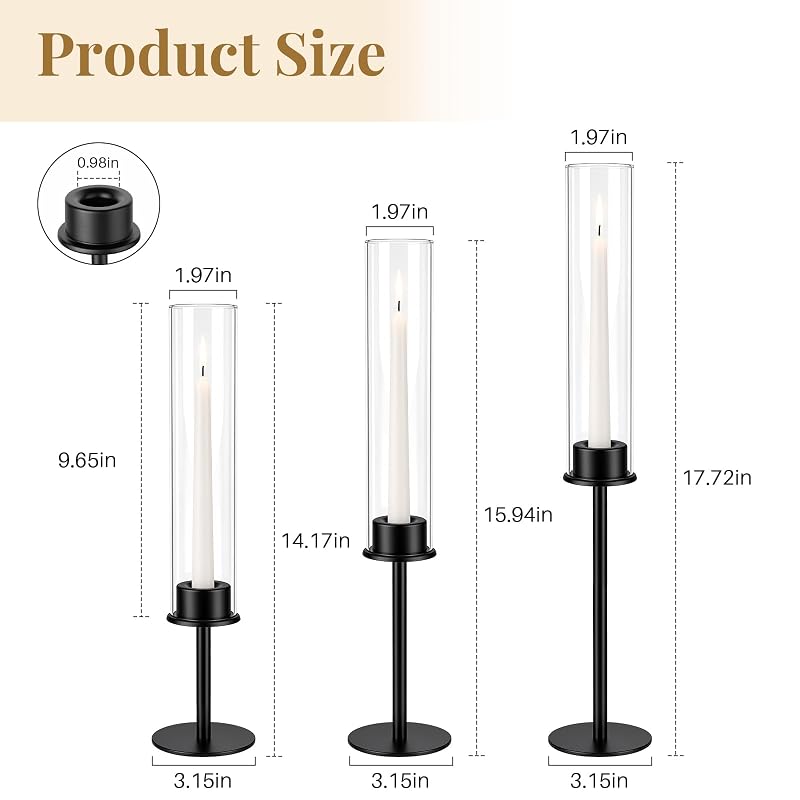 Black Candle Holders Set of 6 - Modern Hurricane with Glass Cylinders (Variation: Black+6)