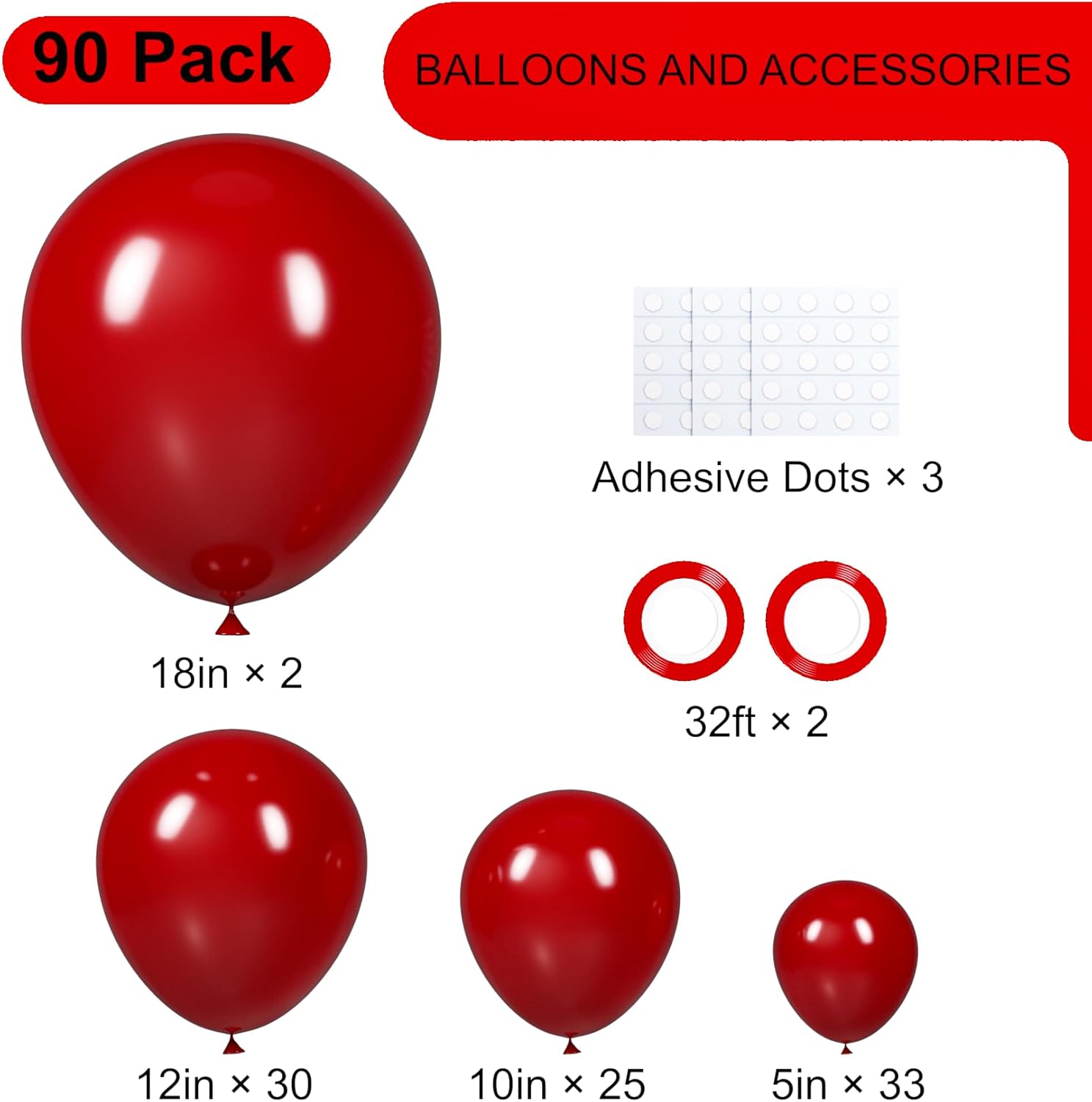 Voircoloria Ruby Balloon Garland Kit - 90 Pack of 5/10/12/18 Inch Balloons for Weddings, Birthdays & Anniversaries