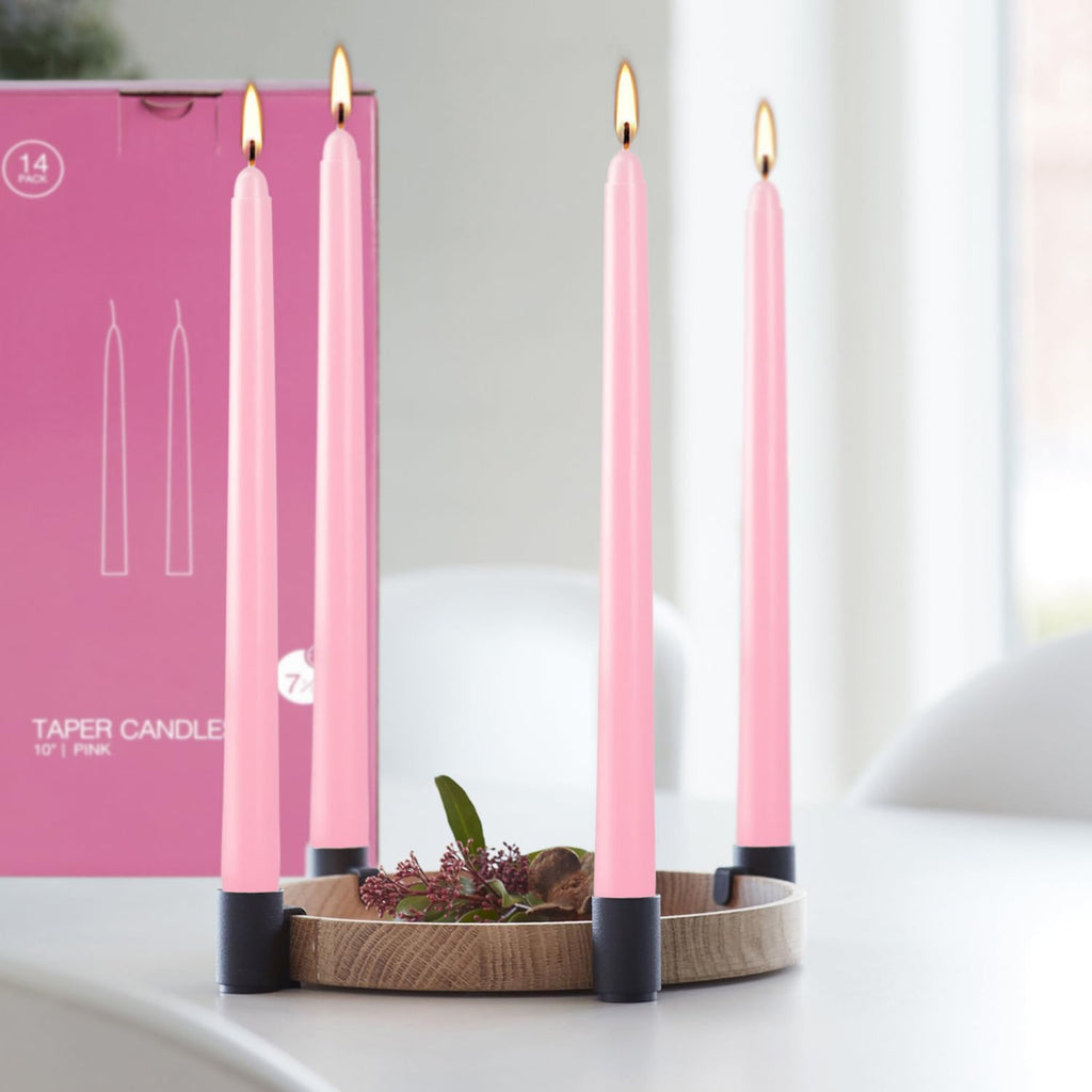 14-Pack Pink Taper Candles - 10 Inch Unscented Dripless Candlesticks, Long Burning for Weddings, Bridal Showers, Valentine's Day & Romantic Dinner Parties