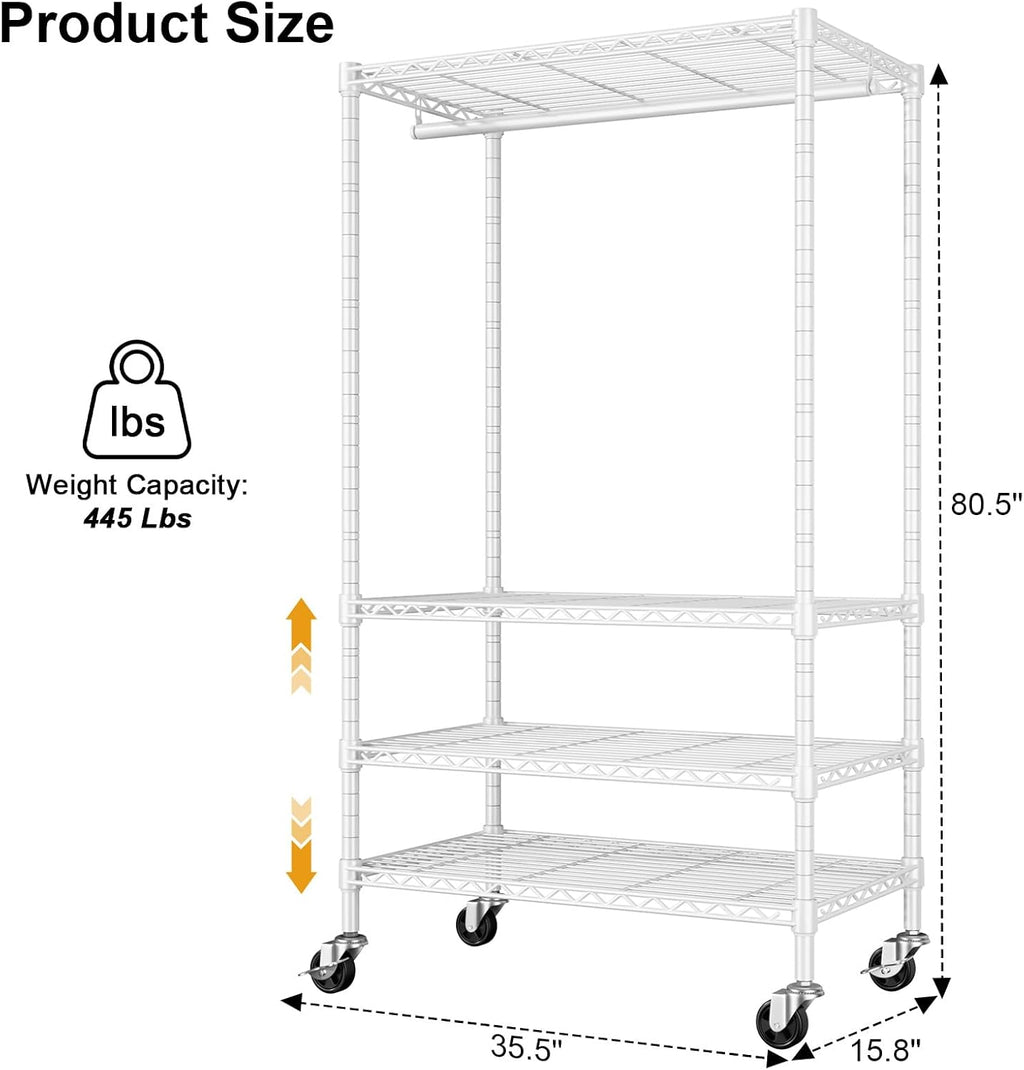 ULIFHOME P9 Heavy-Duty Rolling Clothes Rack - 4-Tier Portable Metal Closet with Wheels | 35.5" L x 15.8" W x 80.5" H, 445 LBS Capacity, White