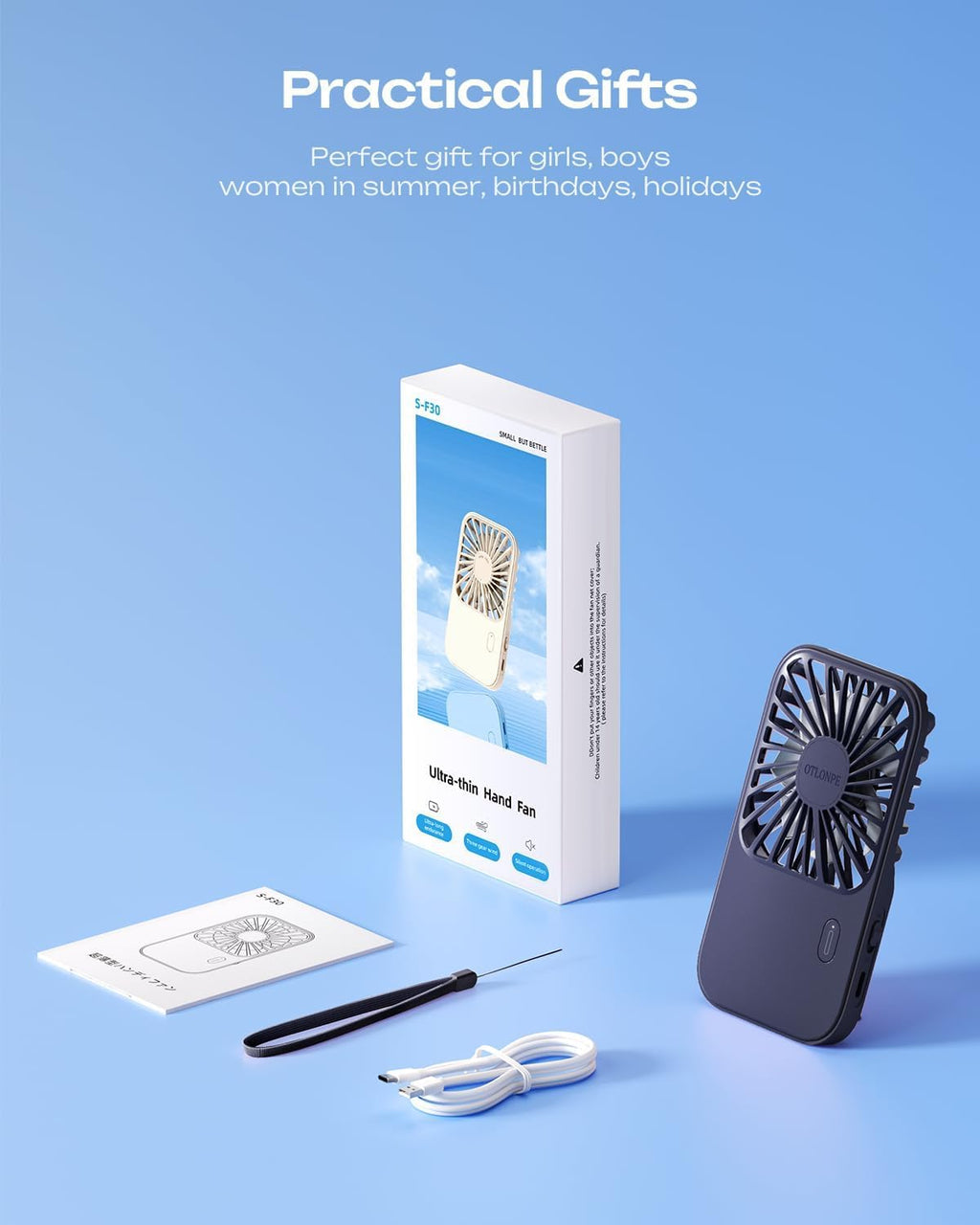 Otlonpe Mini Portable Handheld Fan - Rechargeable, 3-Speed, Foldable Stand, Slim Design | Blue