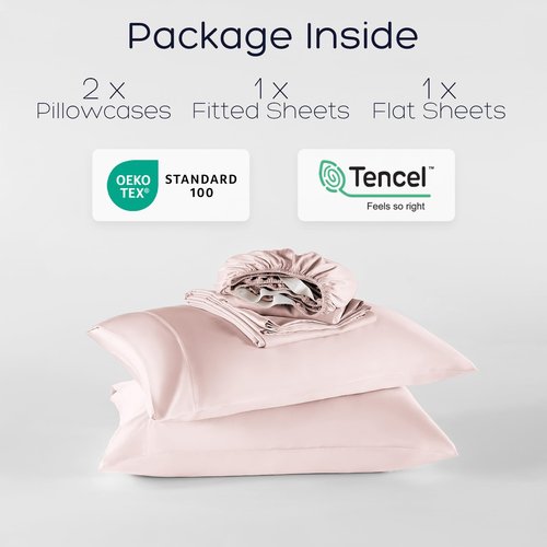 Homilay Tencel Lyocell 4 Pieces Queen Sheet Set, Silky Soft, Cooling & Wrinkle-Free - Oeko-TEX Certified - Deep Pocket Fits 16" Mattress, Marshmallow Pink