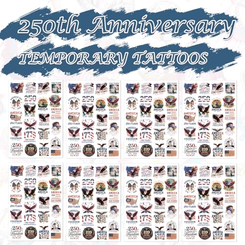 250th Anniversary Temporary Tattoos - 8 Sheets Patriotic USA Stickers