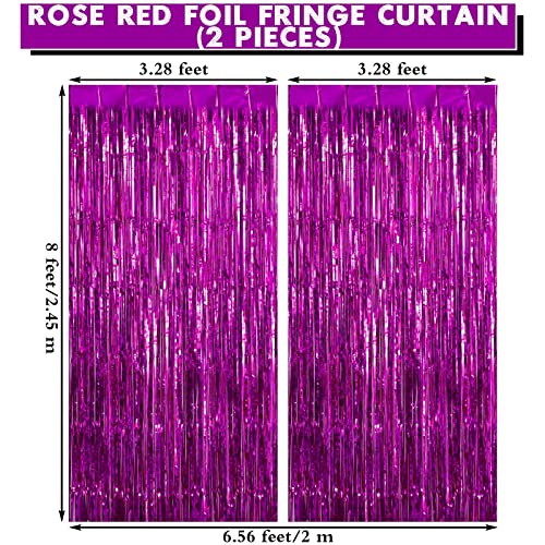 TOTAFAM 2 Pack Foil Fringe Curtains Rose Red Shiny Tinsel Backdrop