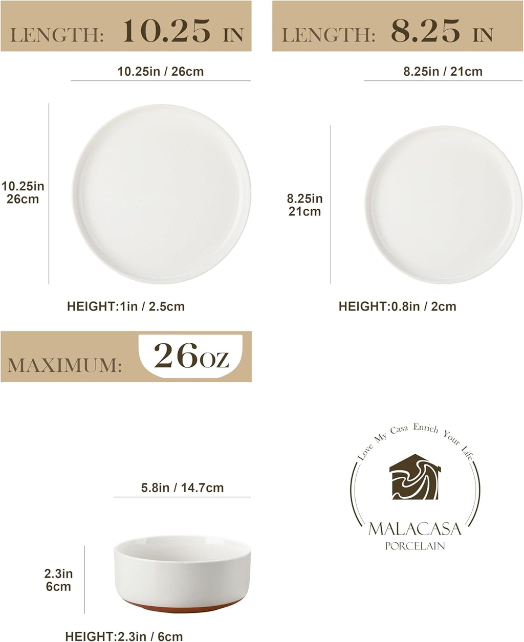 MALACASA 12-Piece Stoneware Dinnerware Set - Modern Ceramic Plates & Bowls for 4 | Microwave & Dishwasher Safe, White, TARA Series