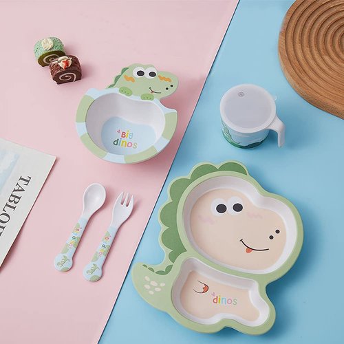 Fekdod Bamboo Kids Dinnerware Set 5 Pcs Includes Plate Bowl Cup Fork Spoon Perfect for Kids BPA-Free (Little Dinosaur)