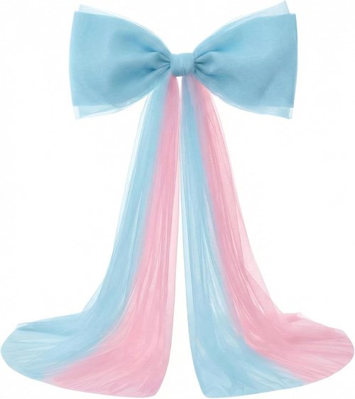 Canlierr Extra Large Pink & Blue Organza Bow Decorations - 39 x 59 Inch Tulle Bow with Long Ribbon Tails for Weddings & Parties