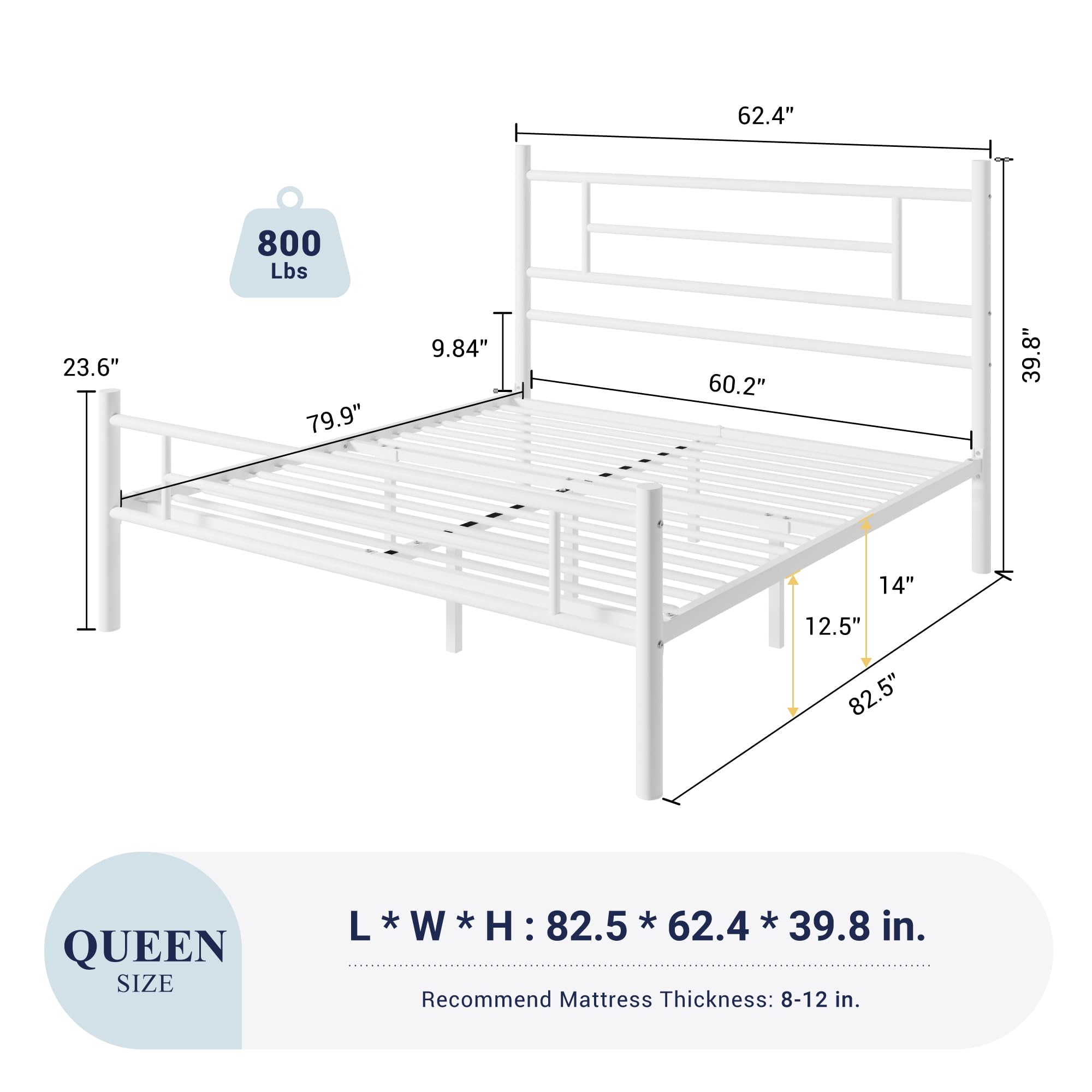 Allewie 14 Inch Queen Size Metal Platform Bed Frame with Headboard and Footboard, Underbed Storage, Strong Metal Slats Support, Mattress Foundation, No Box Spring Needed, Easy Assembly, White