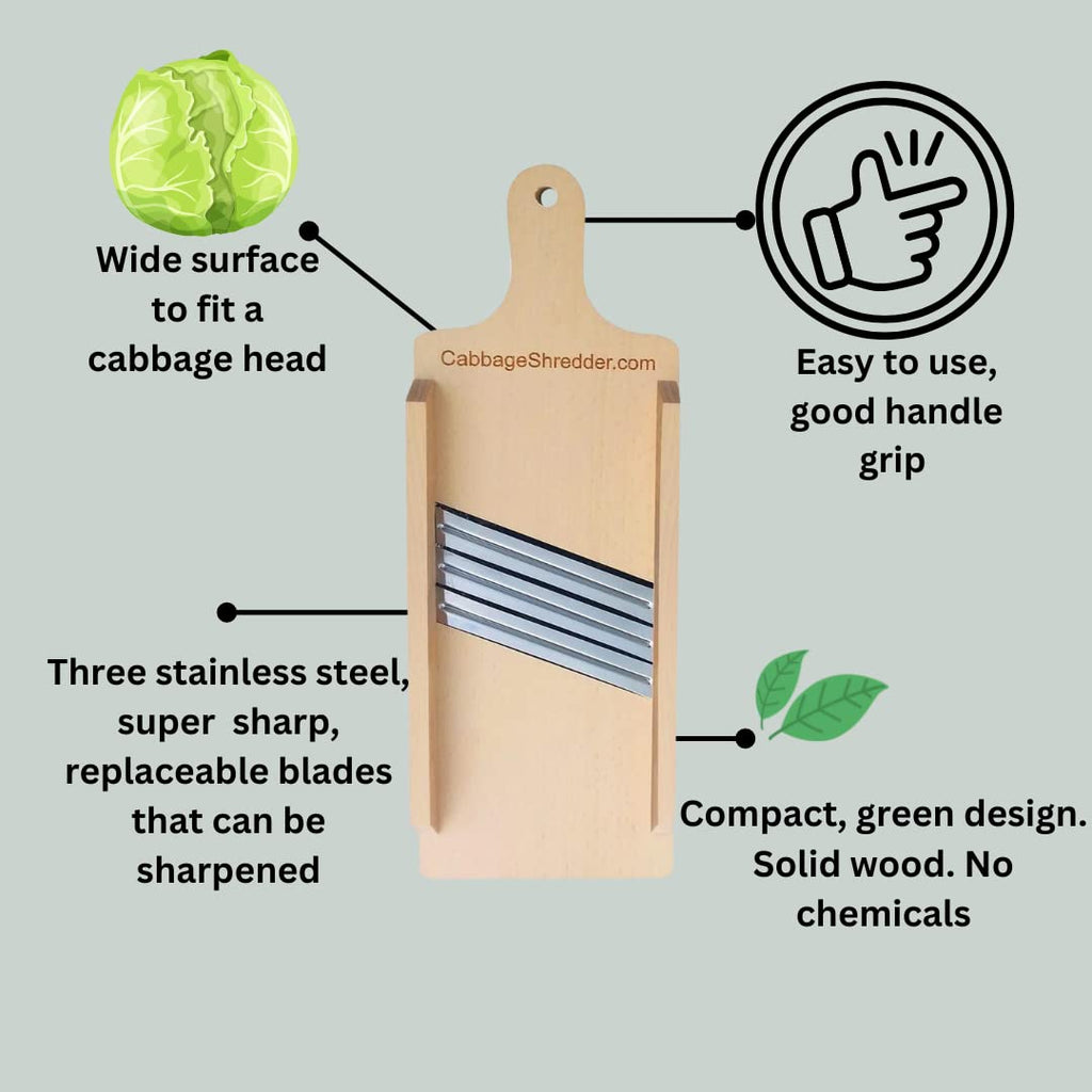 Wooden Cabbage Shredder, Vegetable Slicer for Food Preparation, Sauerkraut, Coleslaw, Salads. Pre-Oiled. Three Blades. A Cut Resistant Glove.