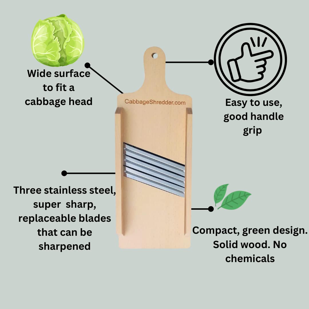 Wooden Cabbage Shredder, Vegetable Slicer for Food Preparation, Sauerkraut, Coleslaw, Salads. Pre-Oiled. Three Blades. A Cut Resistant Glove.