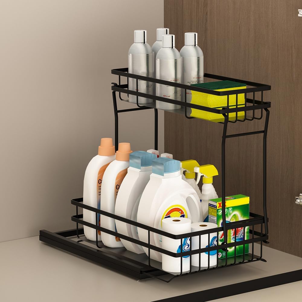 Skiennix Under Sink Organizer - 2 Tier Pull-Out Cabinet Storage with Metal Sliding Drawers | Black