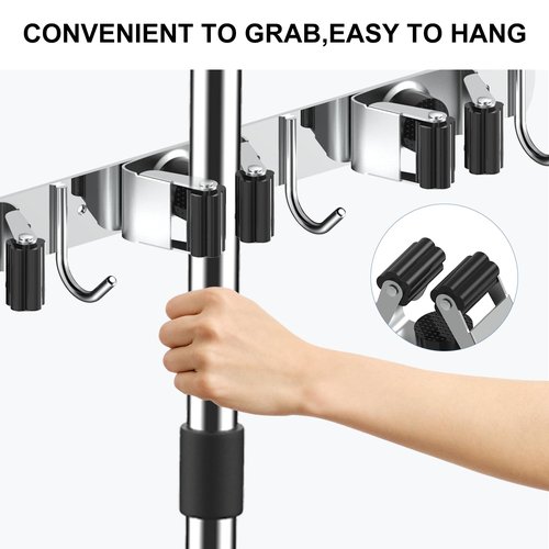 2 Pack Broom Holder Wall Mount Mop Hanger, Stainless Steel 4 Racks 5 Hooks Self Adhesive Heavy Duty Tool Organizer for Garage Kitchen Garden Laundry Room Home (Silver）